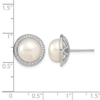 Sterling Silver RH 10-11mm Button FWC Pearl CZ Post Earrings