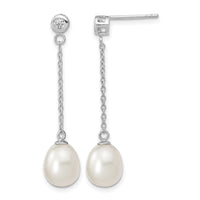 Sterling Silver Rhodium-plated 8-9mm Rice FWC Pearl CZ Post Dangle Earrings