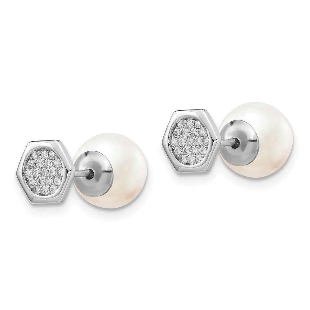 Sterling Silver RH-plated CZ & Imit. Shell Pearl Reversible Post Earrings