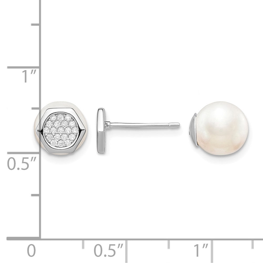 Sterling Silver RH-plated CZ & Imit. Shell Pearl Reversible Post Earrings