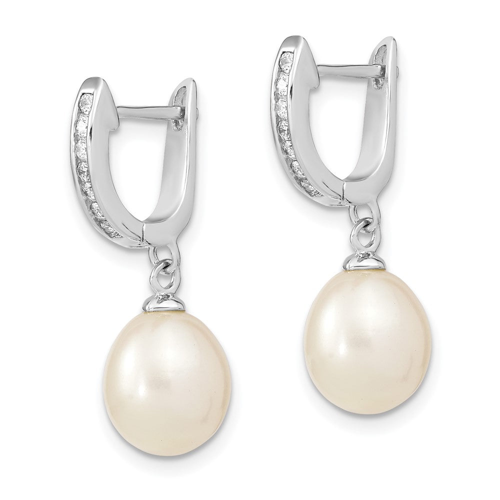 Sterling Silver Rhodium-plated 8-9mm Rice FWC Pearl CZ Dangle Hoop Earrings