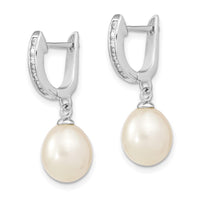 Sterling Silver Rhodium-plated 8-9mm Rice FWC Pearl CZ Dangle Hoop Earrings