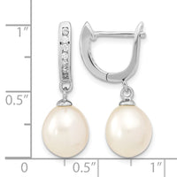 Sterling Silver Rhodium-plated 8-9mm Rice FWC Pearl CZ Dangle Hoop Earrings