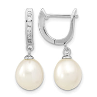 Sterling Silver Rhodium-plated 8-9mm Rice FWC Pearl CZ Dangle Hoop Earrings