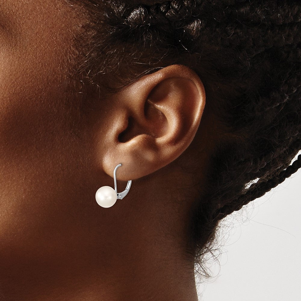 Sterling Silver Rhod-plated 8-9mm Round FWC Pearl Leverback Earrings