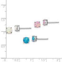 Sterling Silver Rhodium-plated White/Pink/Blue Created Opal Set/3 Earrings
