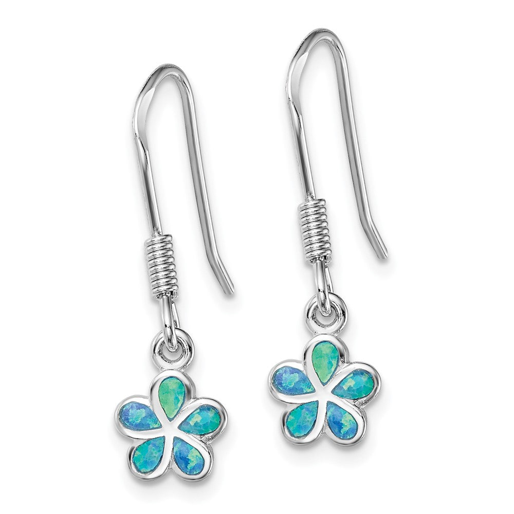 Sterling Silver Rhodium-plated Blue Created Opal Flower Earrings