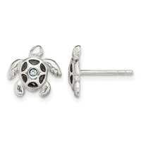 Sterling Silver Antiqued Aqua Crystal Turtle Post Earrings
