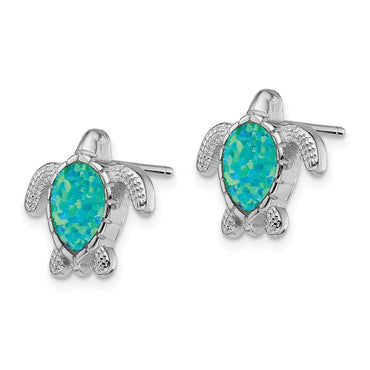 Sterling Silver Rhodium-plated Green Created Opal Turtle Post Earrings