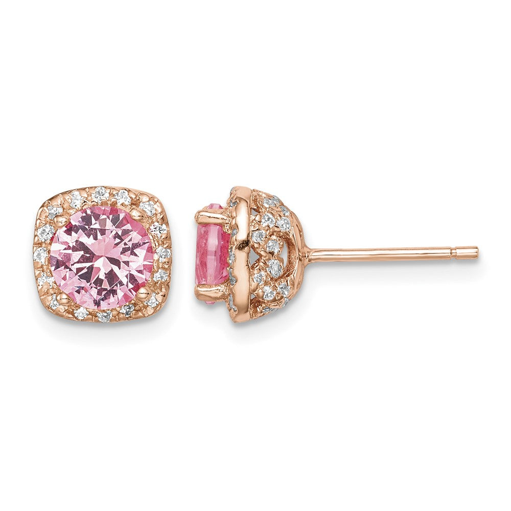 Sterling Silver Rose-tone Square Pink Crystal Center and CZ Post Earrings