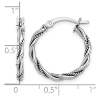 Sterling Silver Rhodium-plated Antiqued 2x20mm Twisted Hoop Earrings