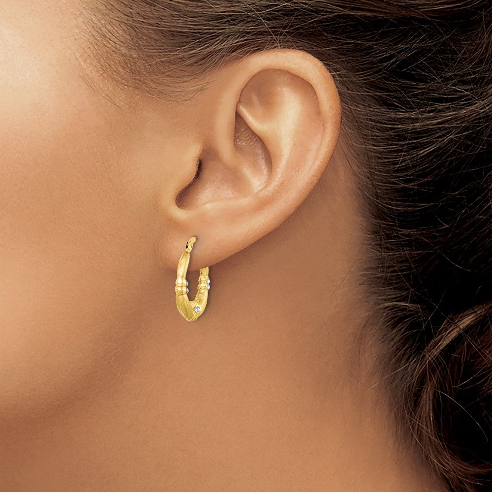 Sterling Silver Flash Gold-plated and CZ Textured Hoop Earrings
