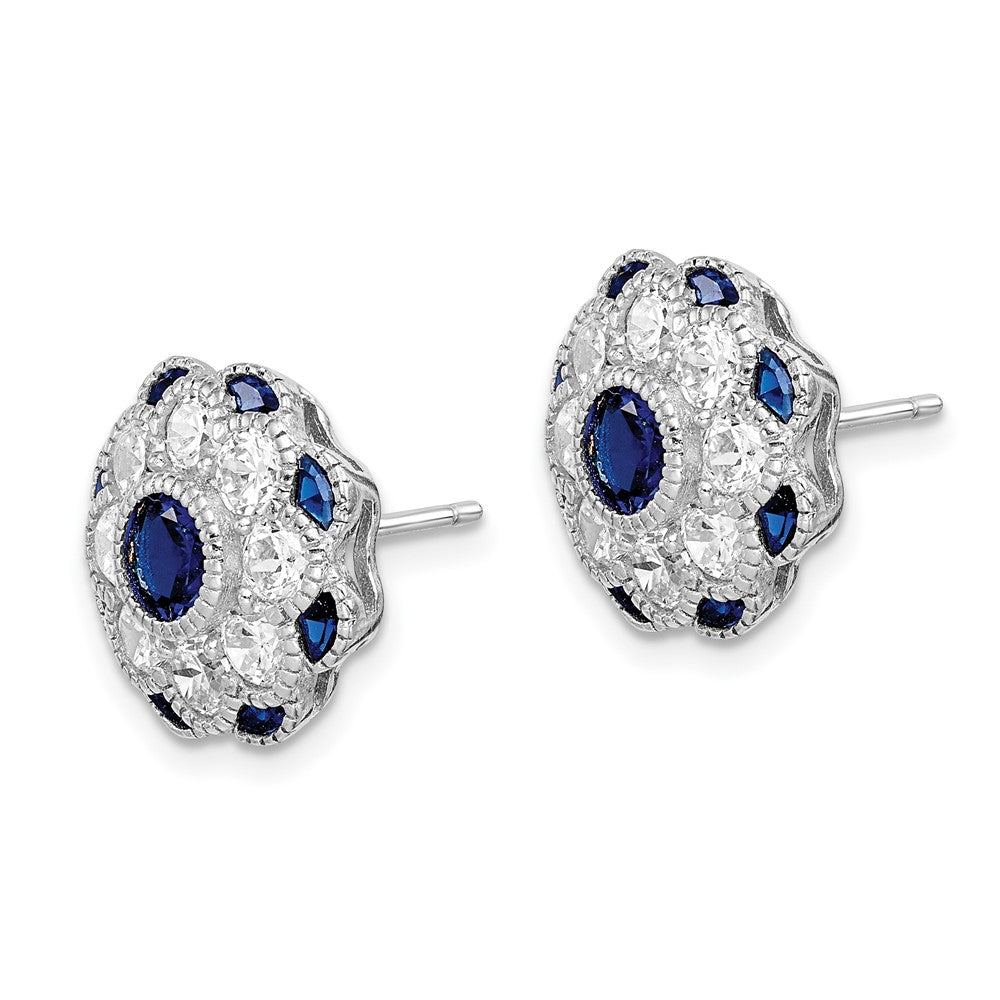 Sterling Silver RH Plated CZ and Synthetic Blue Spinel Flower Post Earrings