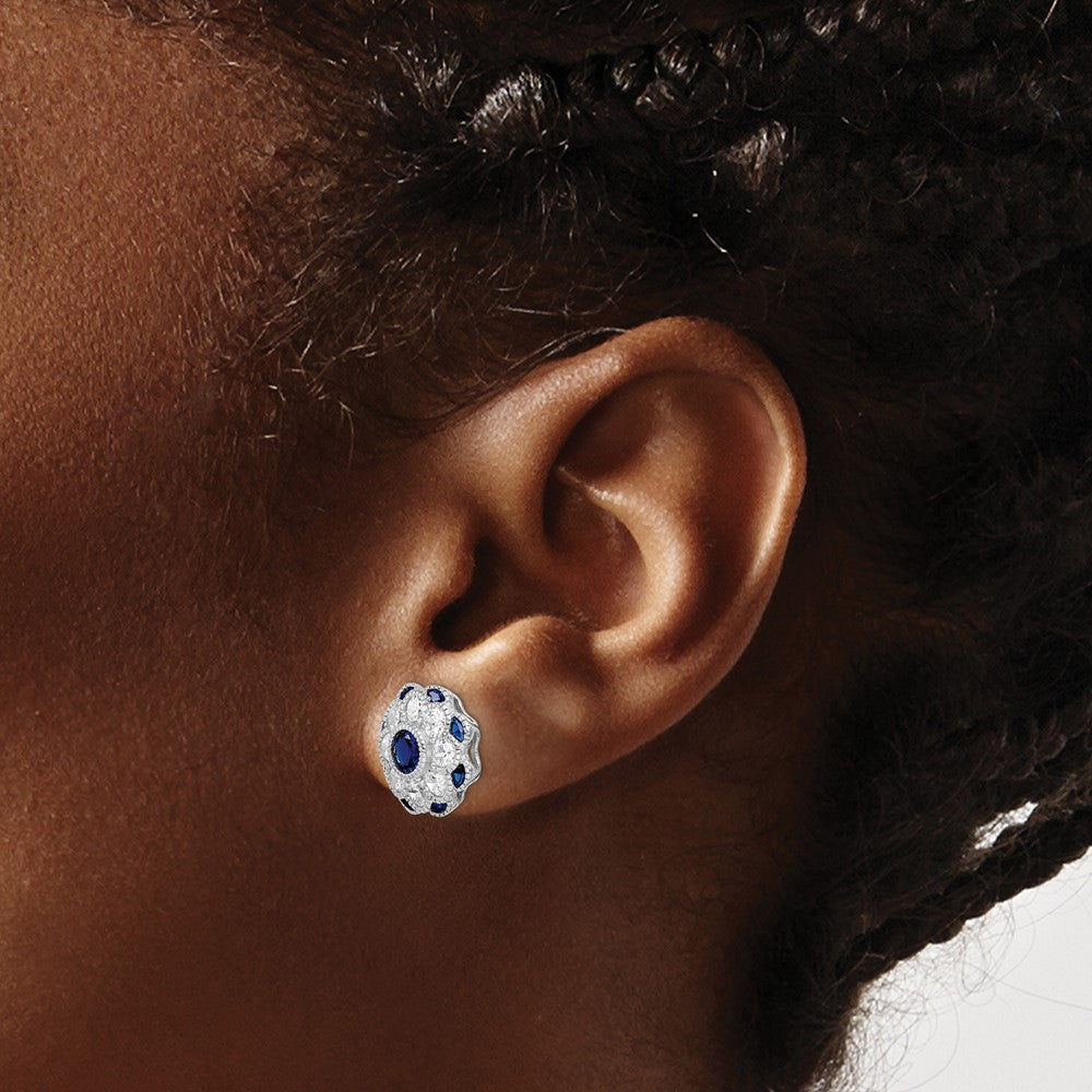 Sterling Silver RH Plated CZ and Synthetic Blue Spinel Flower Post Earrings