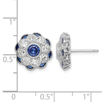 Sterling Silver RH Plated CZ and Synthetic Blue Spinel Flower Post Earrings