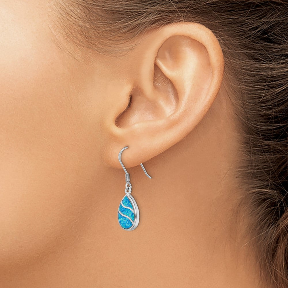 Sterling Silver Rhodium-plated Created Opal Inlay Teardrop Dangle Earrings
