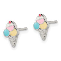 Sterling Silver Rhodium-plated Enameled Ice Cream Cone Post Earrings