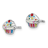 Sterling Silver Rhodium-plated Childs Enameled Cupcake Post Earrings