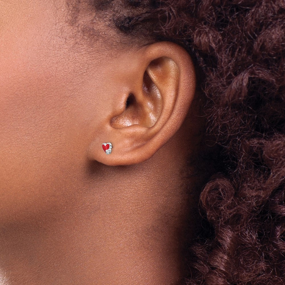 Sterling Silver RH-plated Red Enameled Double Heart Petite Post Earrings