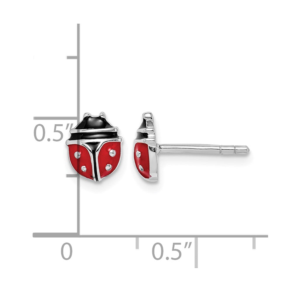 Sterling Silver RH-plated Enameled Ladybug Petite Post Earrings
