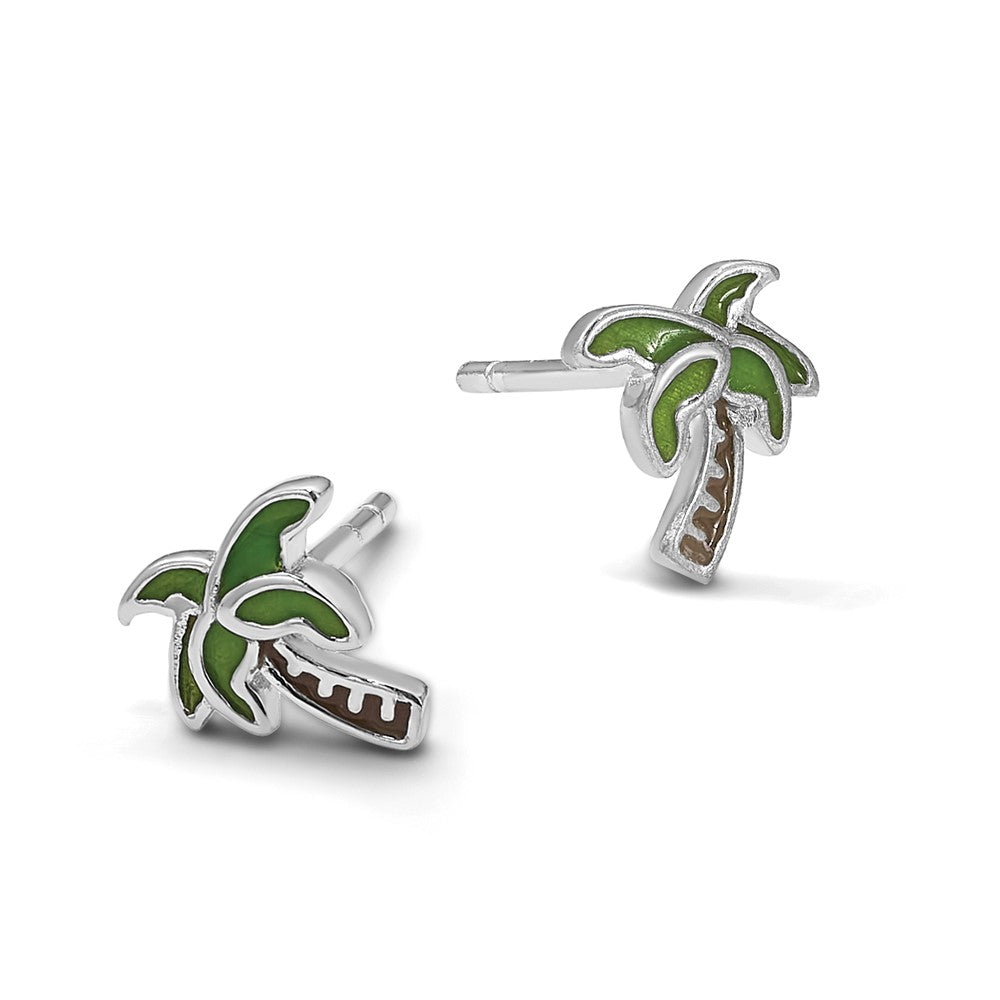 Sterling Silver Rhodium-plated Polished Enameled Palm Tree Post Earrings