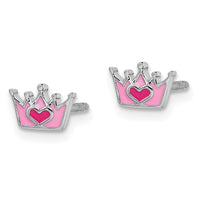 Sterling Silver RH-plated Enameled Pink Crown Petite Post Earrings