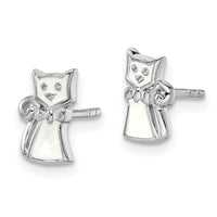 Sterling Silver RH-plated Enameled White Cat Post Earrings