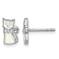 Sterling Silver RH-plated Enameled White Cat Post Earrings