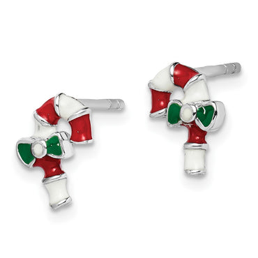 Sterling Silver RH-plated Enameled Candy Cane Post Earrings