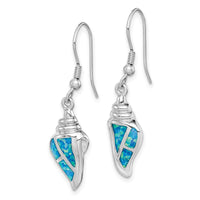 Sterling Silver Rhod-plated Created Blue Opal Seashell Dangle Earrings