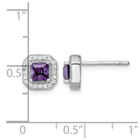 Sterling Silver Rhodium Plated Square Purple and Clear CZ Post Earrings