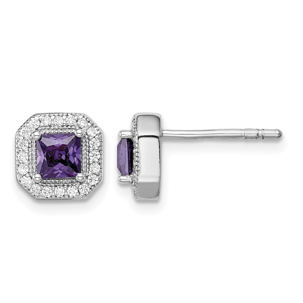 Sterling Silver Rhodium Plated Square Purple and Clear CZ Post Earrings