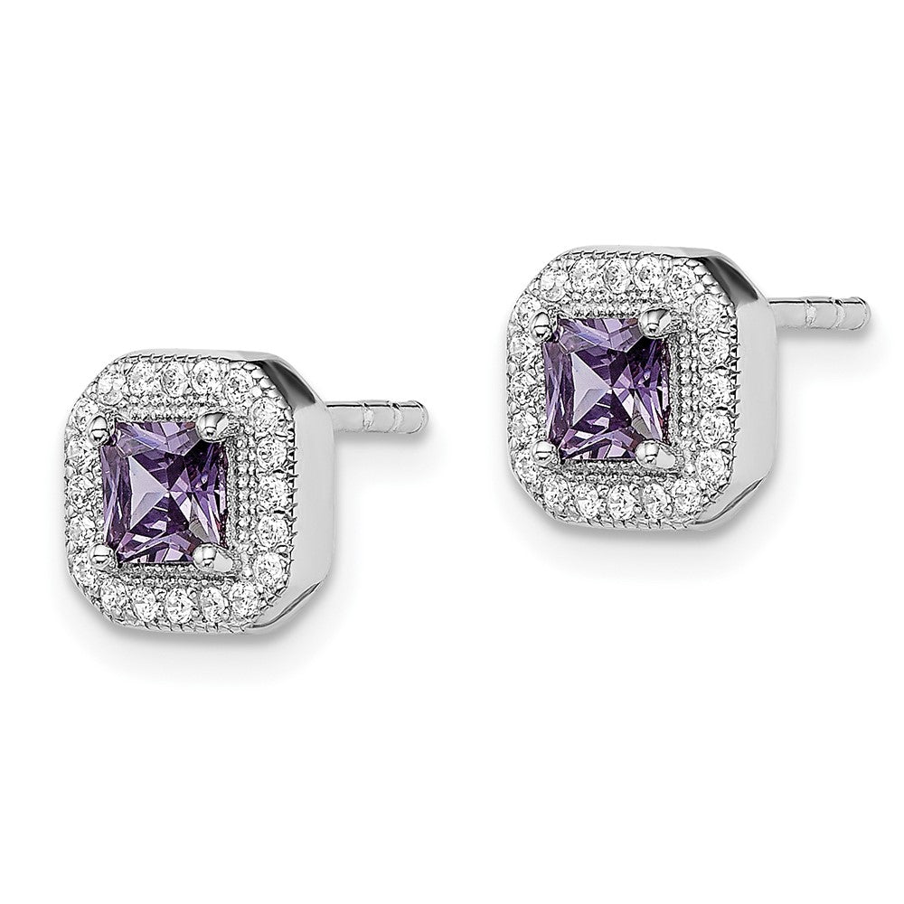 Sterling Silver Rhodium Plated Purple and Clear CZ Post Earrings