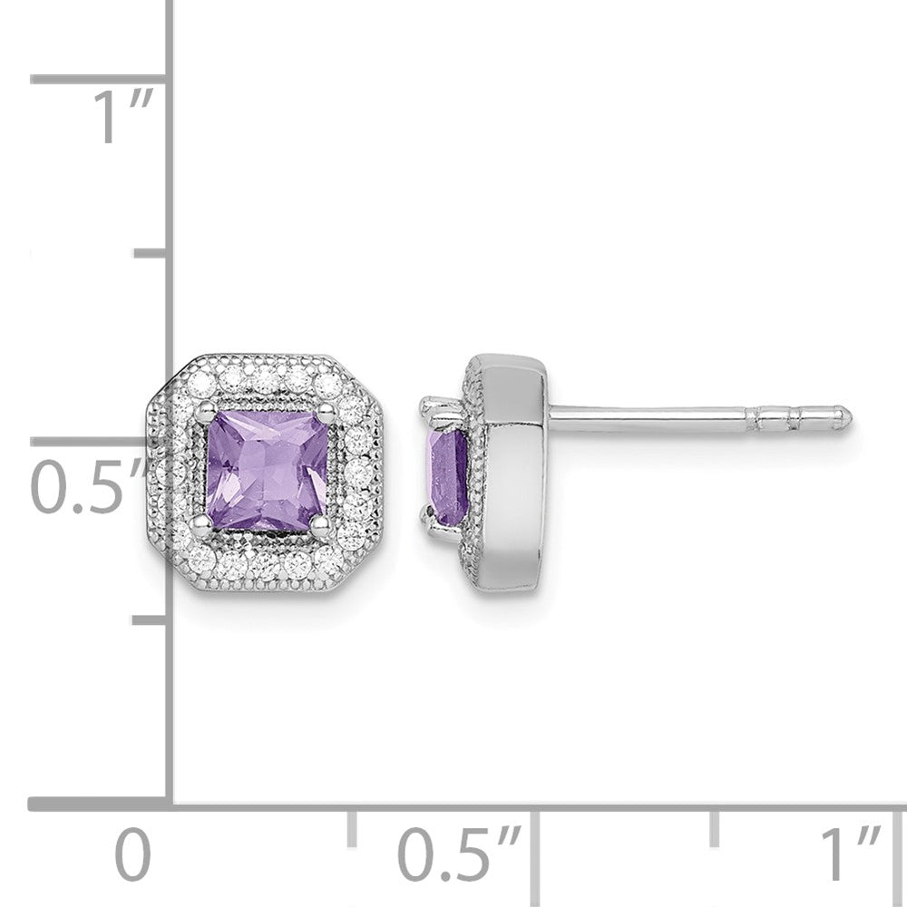 Sterling Silver Rhodium Plated Purple and Clear CZ Post Earrings