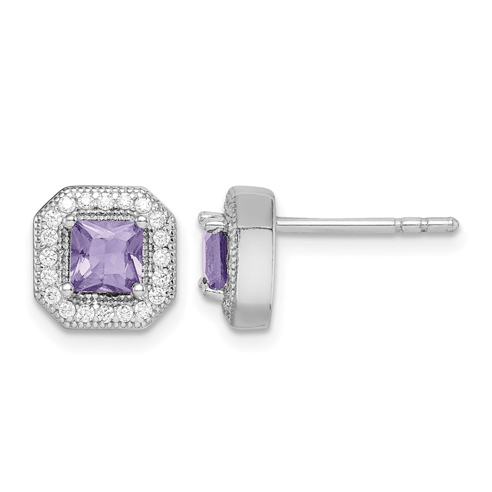 Sterling Silver Rhodium Plated Purple and Clear CZ Post Earrings