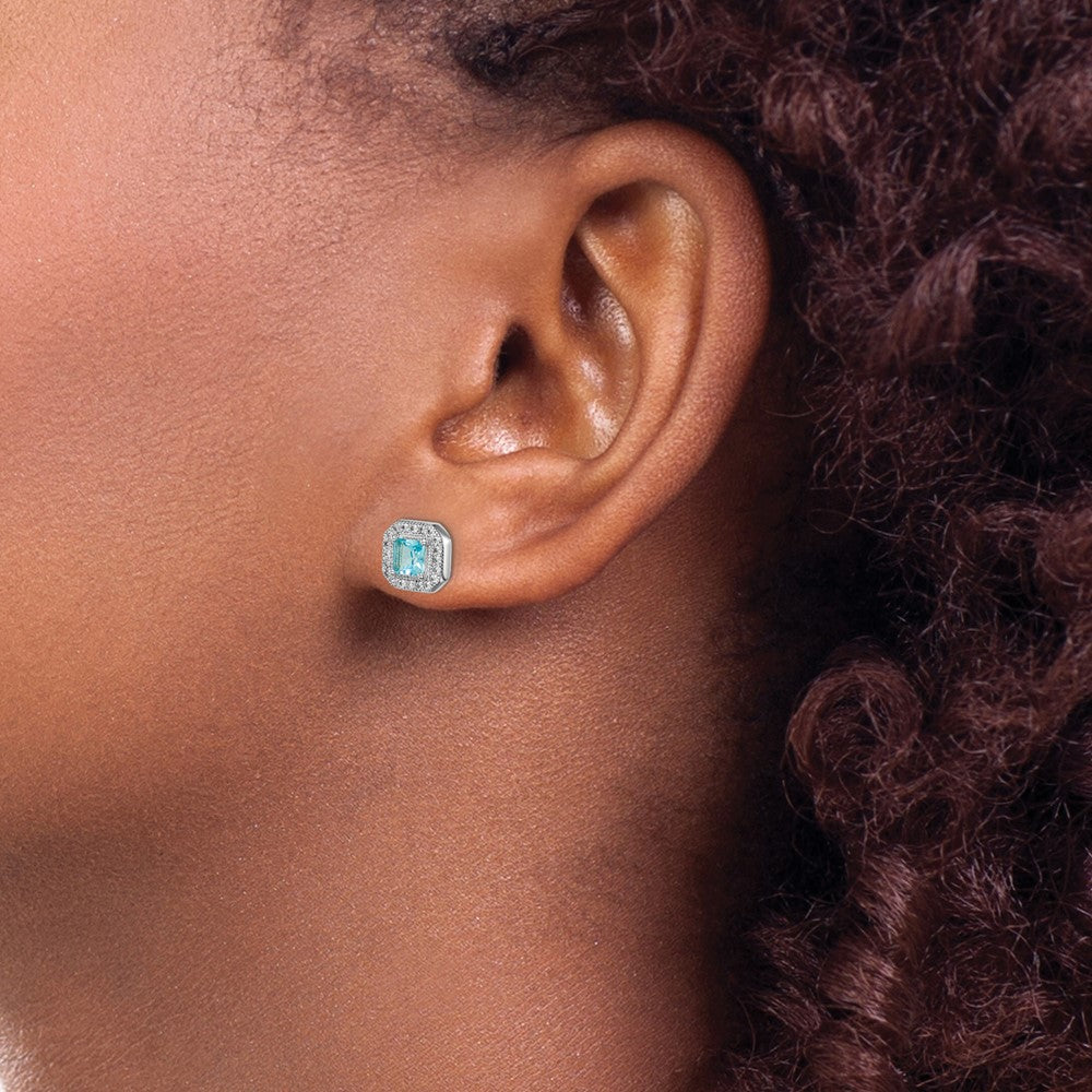 Sterling Silver Rhodium Plated Square Light Blue and Clear CZ Post Earrings