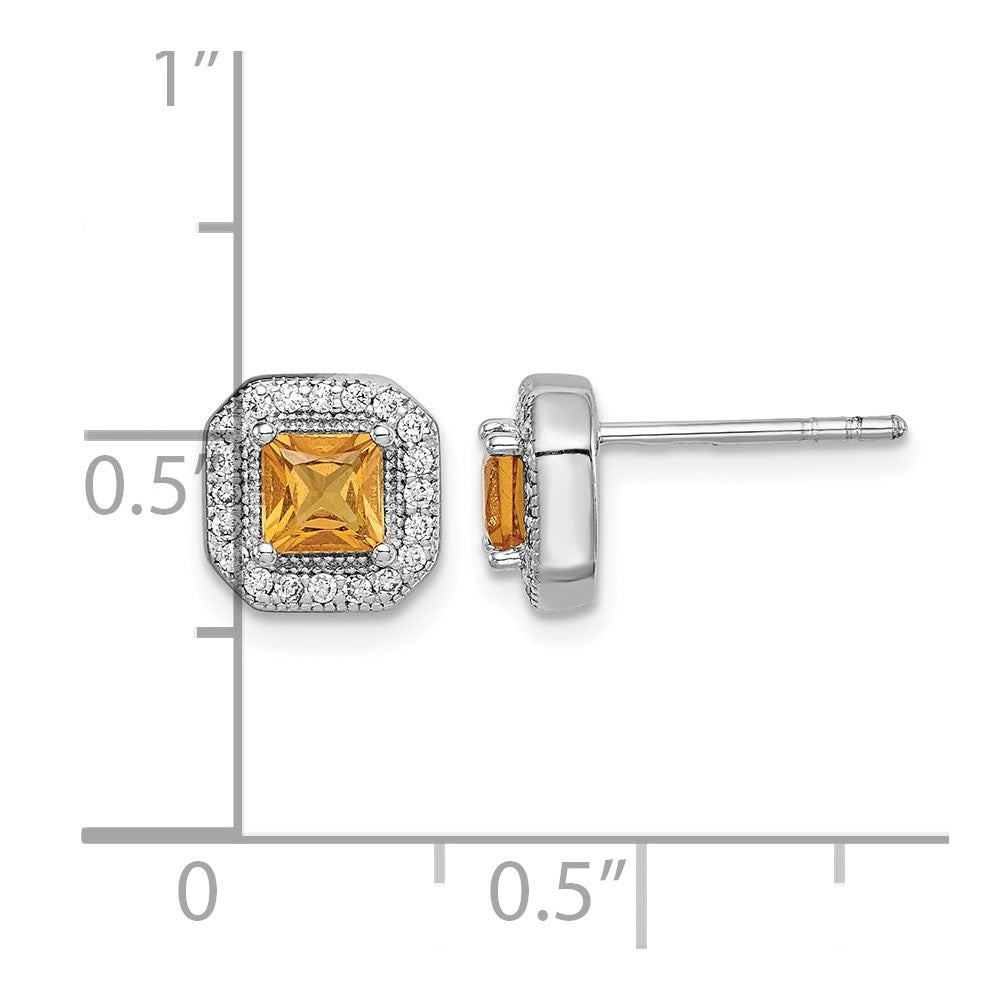 Sterling Silver Rhodium Plated Square Yellow and Clear CZ Post Earrings