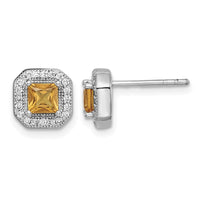 Sterling Silver Rhodium Plated Square Yellow and Clear CZ Post Earrings