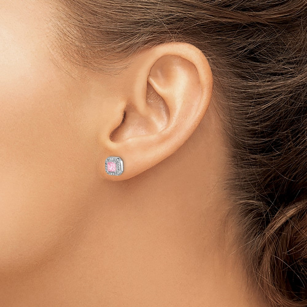 Sterling Silver Rhodium Plated Square Pink and Clear CZ Post Earrings