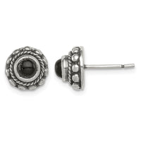 Sterling Silver Polished & Antiqued Textured Onyx Round Post Earrings