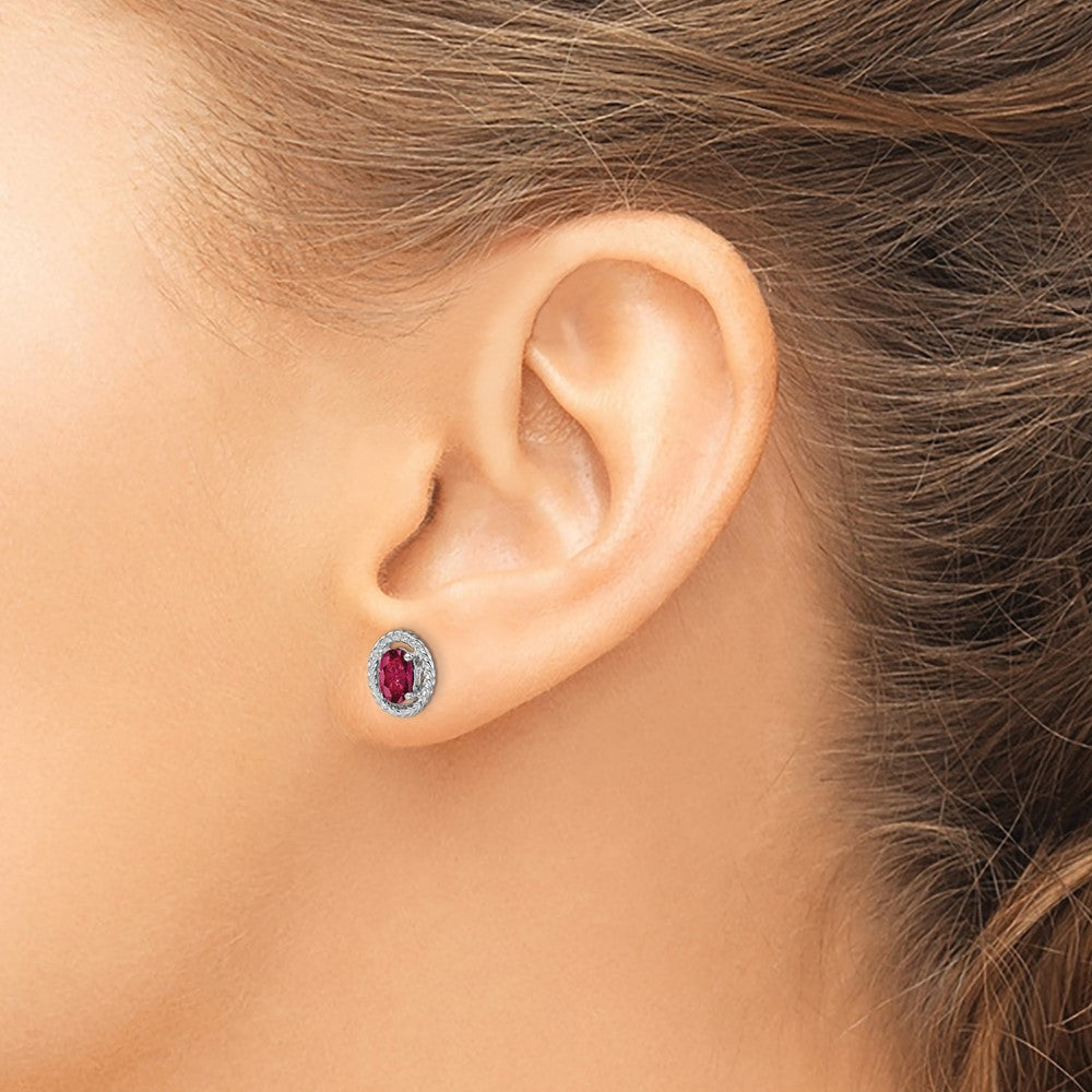 Sterling Silver Rhod-plat Created Ruby Oval Post Earrings
