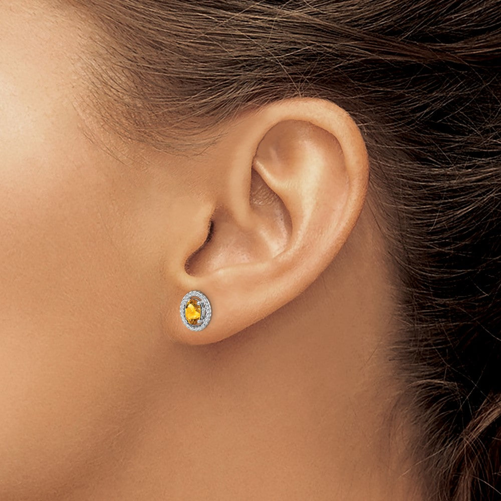 Sterling Silver Rhod-plat Citrine Oval Post Earrings
