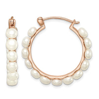 Sterling Silver Rose-tone 18k Flash-plated 4-5mm Hoop FWC Pearl Earrings