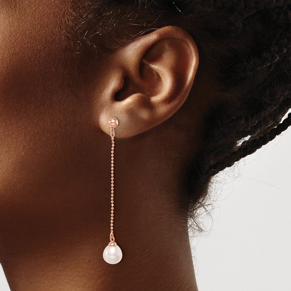 Sterling Silver Rose-tone 18k Flash-plated 7-8mm Drop FWC Pearl Earrings