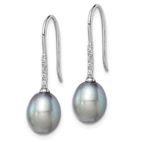 Sterling Silver RH-plated 7-8mm Grey FWC Pearl & CZ Dangle Earrings