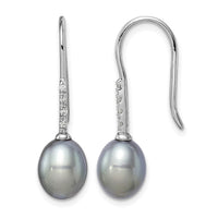 Sterling Silver RH-plated 7-8mm Grey FWC Pearl & CZ Dangle Earrings