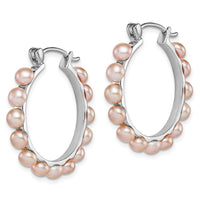Sterling Silver RH-plated 4-5mm Pink FWC Pearl Round Hoop Earrings
