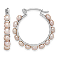 Sterling Silver RH-plated 4-5mm Pink FWC Pearl Round Hoop Earrings