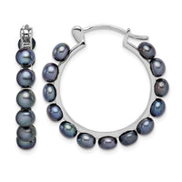 Sterling Silver Rhodium-plated 4-5mm Black FWC Pearl Hoop Earrings