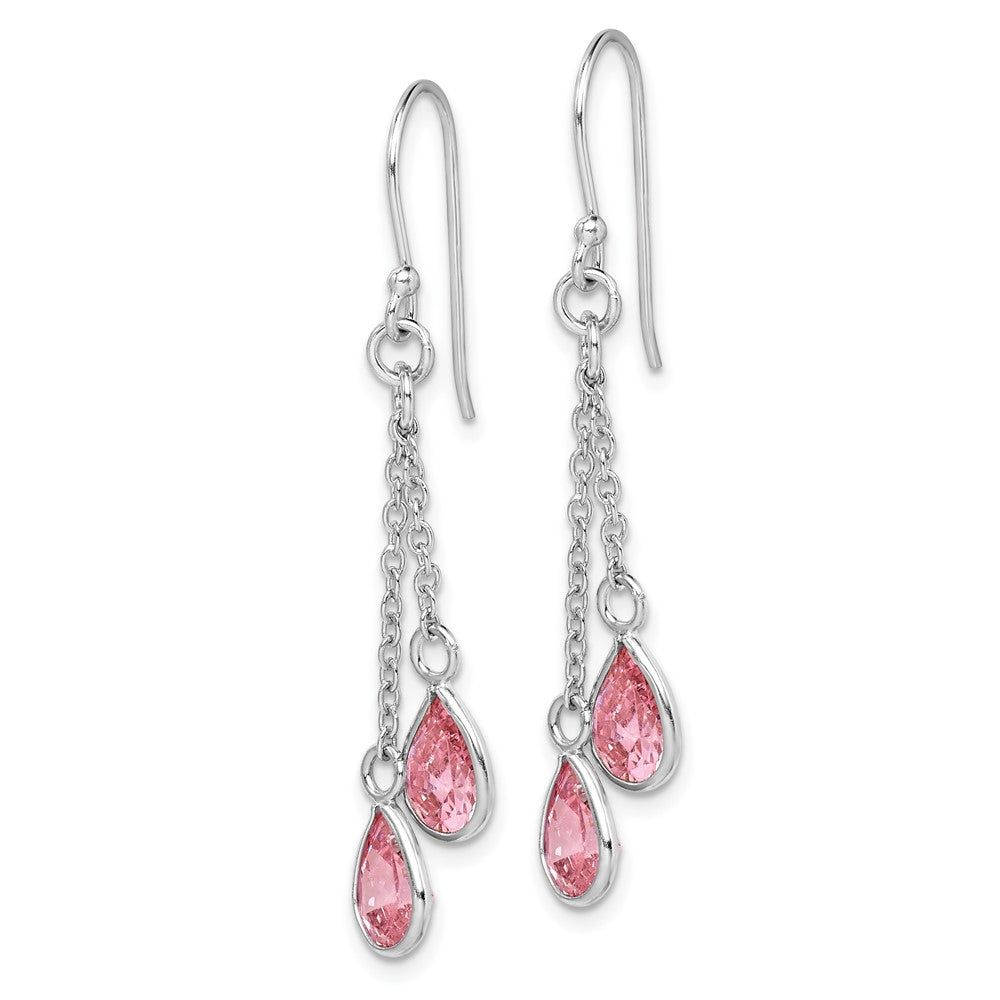 Sterling Silver RH-plated Multi-Strand Pink CZ Teardrop Dangle Earrings